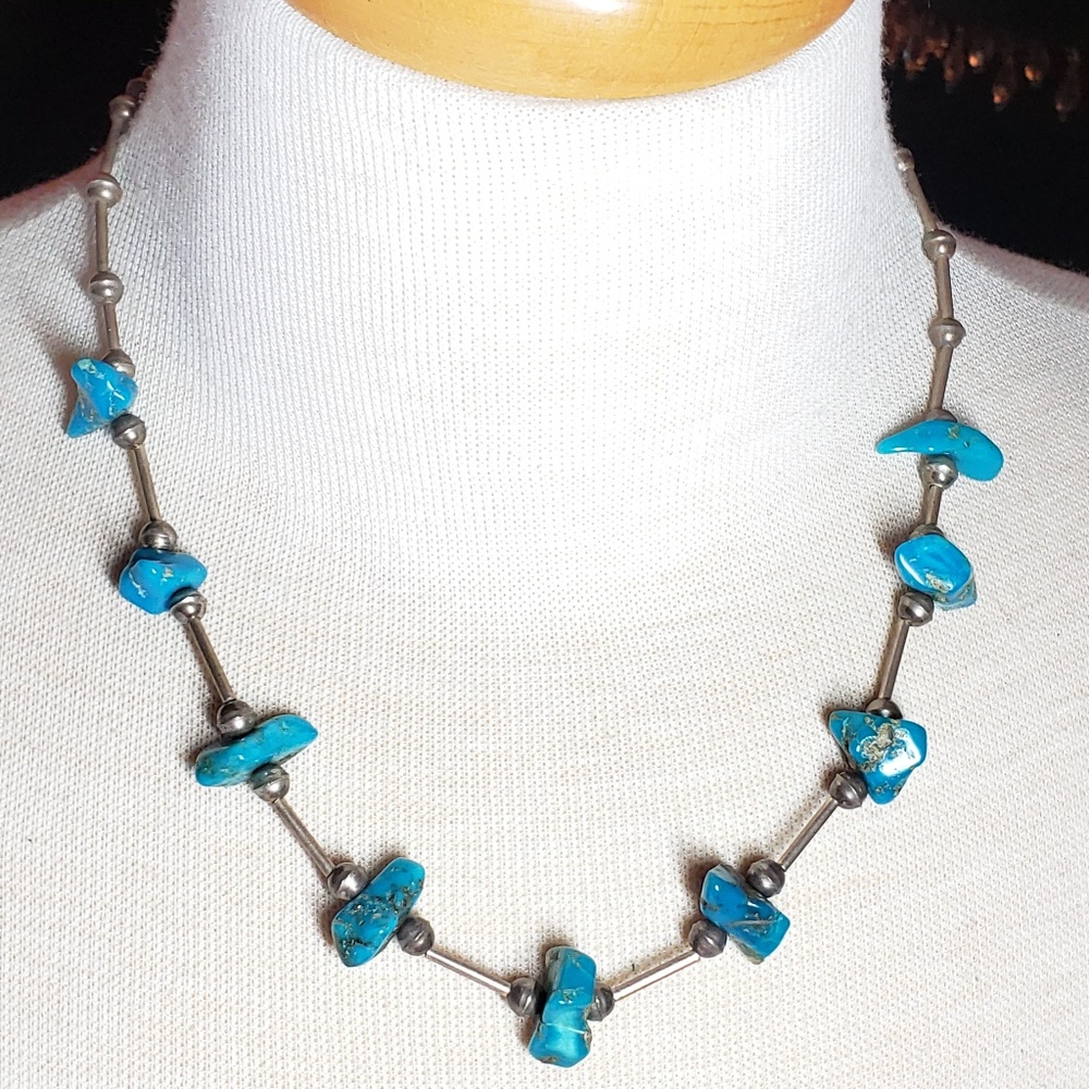 Vintage Necklace Silver tone beads and Turquoise P